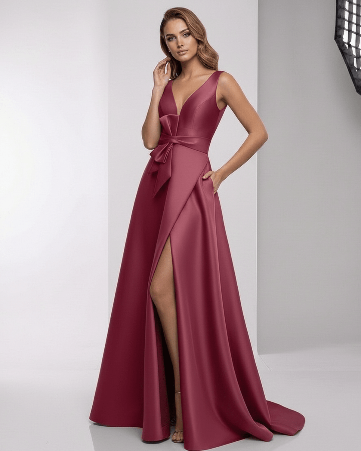 Virelle Maxi Dress – Satin A-Line Evening Dress in deep red with a wrap slit and structured bodice by Lauven.