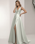 Virelle Maxi Dress - Satin A-Line Sage Silver gown with V-Neck, bow detail by Lauven, perfect for elevated occasions.