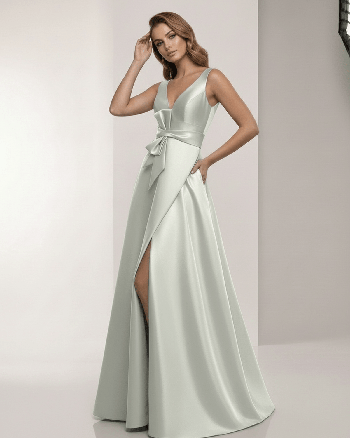 Virelle Maxi Dress in satin sage silver with V-neck, bow detail, and A-line silhouette by Lauven, perfect for elevated occasions.
