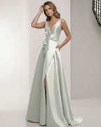 Virelle Maxi Dress featuring satin A-line design in sage silver with V-neck, bow detail, and elegant silhouette by Lauven.