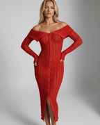 Virelle Midi Dress by Lauven, red off shoulder bodycon midi dress with long sleeves, highlights feminine curves.