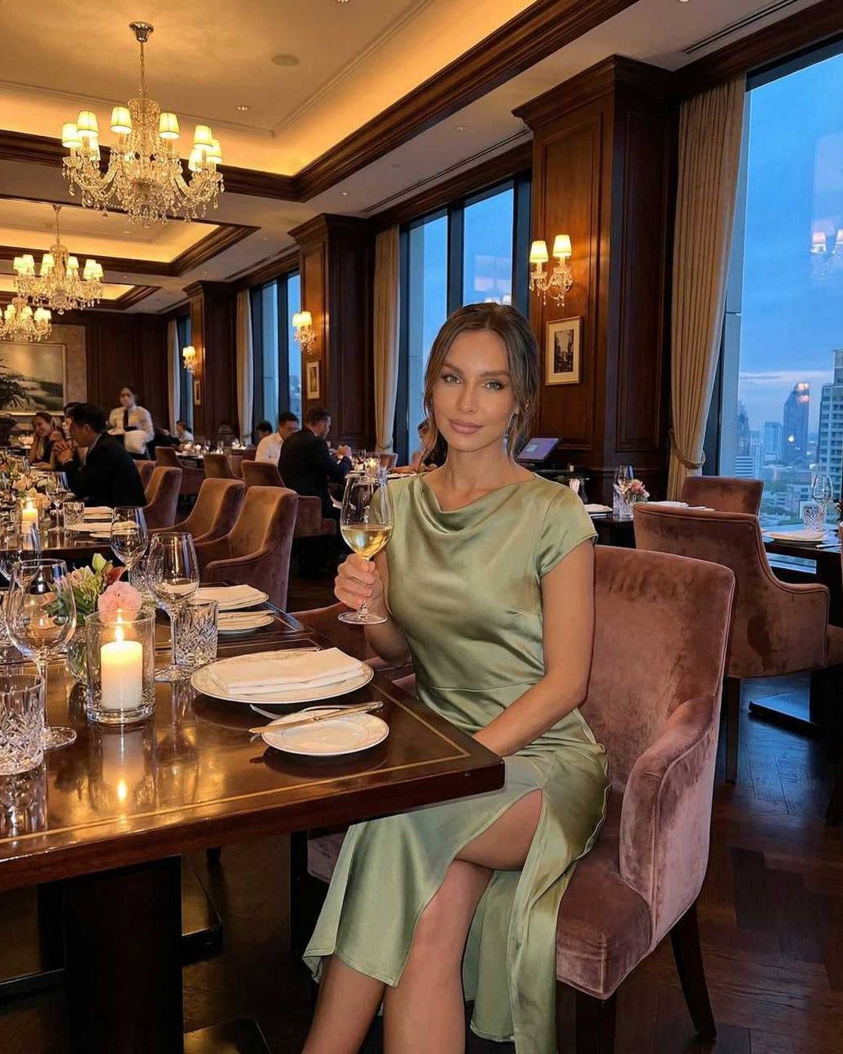 Virgo Midi Dress by Lauven in soft sage green, featuring satin fabric, twisted-back, and a sophisticated look at a classy dinner.