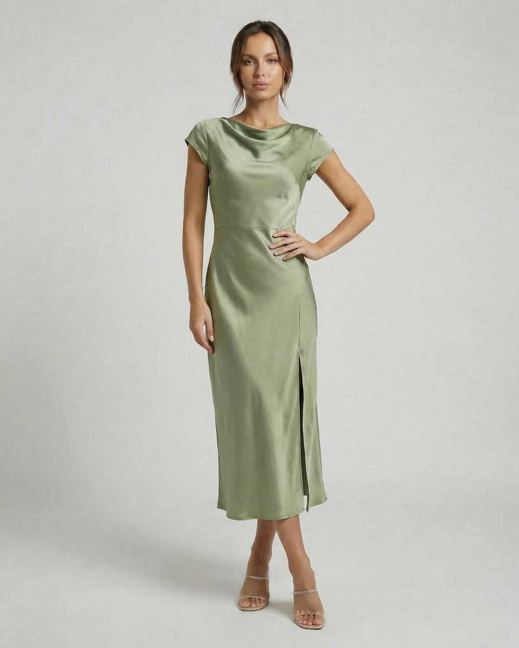 Virgo Midi Dress - Sleek satin with twisted-back, cutout detail in soft sage green by Lauven.