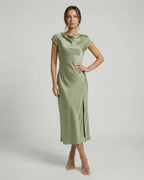 Virgo Midi Dress - Sleek satin with twisted-back, cutout detail in soft sage green by Lauven.
