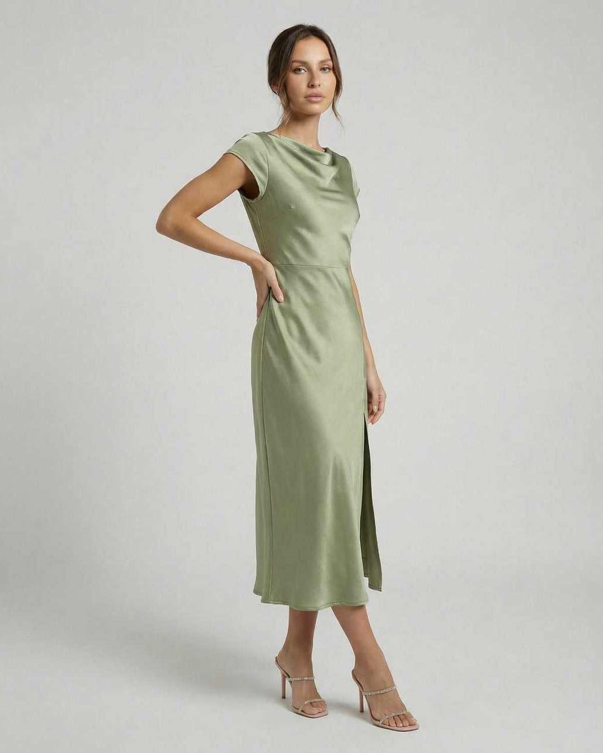 Virgo Midi Dress - Sleek satin dress with twisted-back, cutout detail, exuding elegance in soft sage green by Lauven.