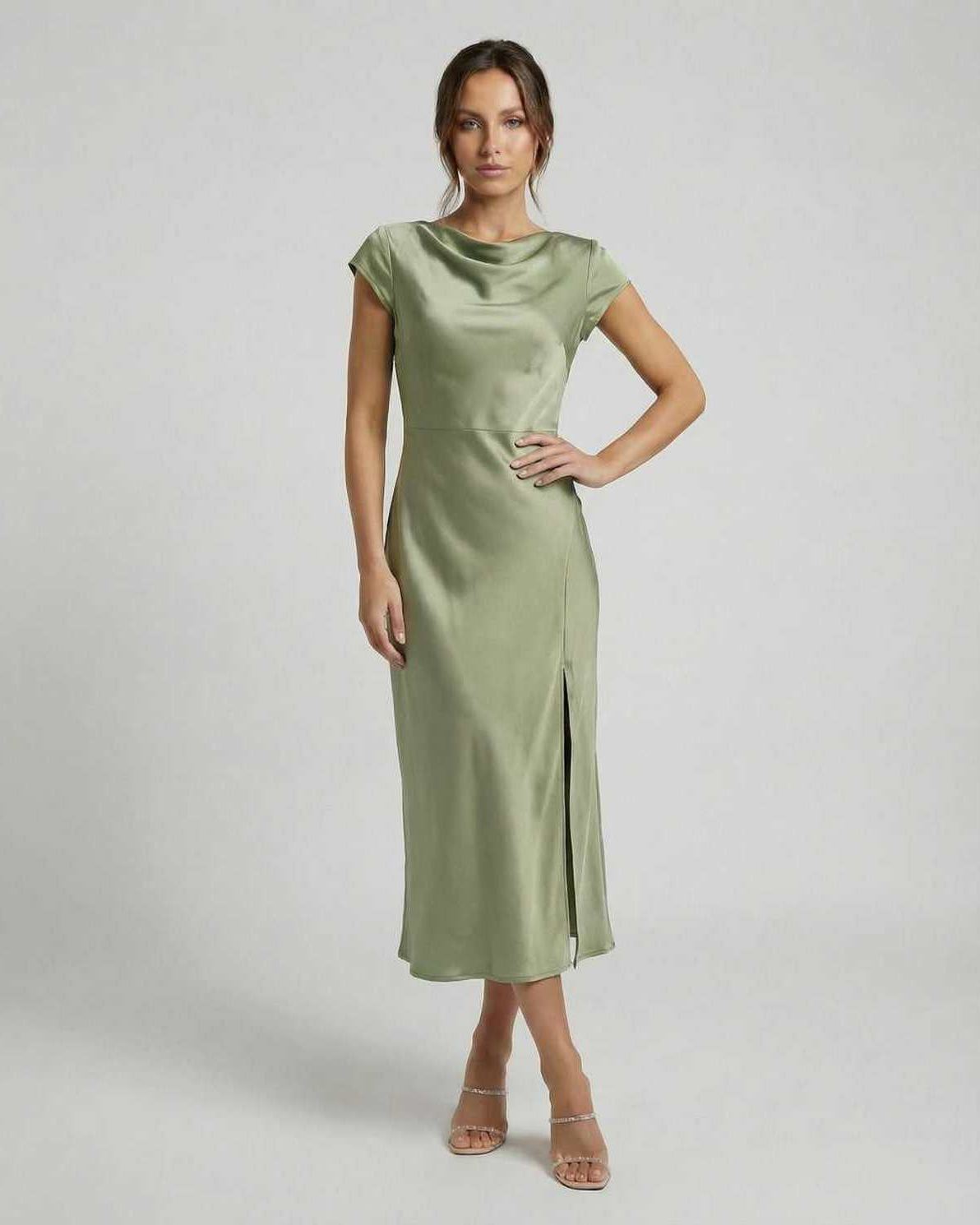 Virgo Midi Dress by Lauven, sleek satin with twisted-back detail, elegant sage green, perfect for stylish occasions.
