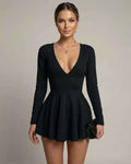Vivian Mini Dress by Lauven, featuring a deep V-neckline and flared skirt in classic black for elegant style.