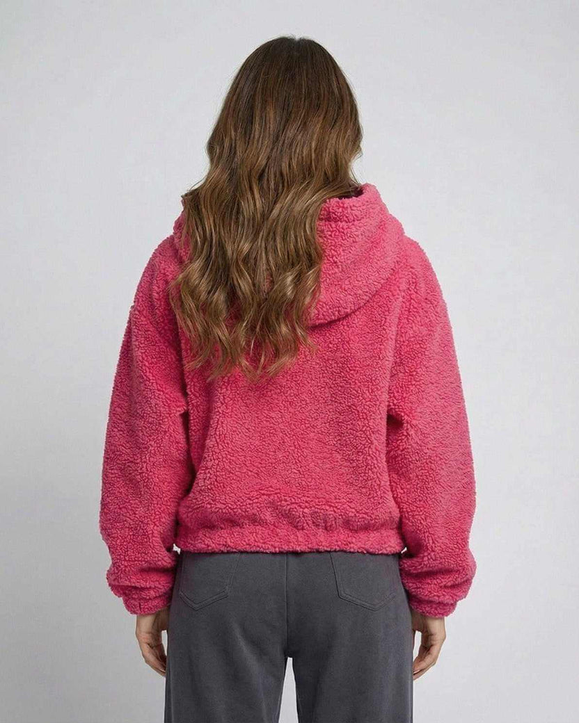 Berry Fleece Jacket by Lauven - Women's cozy zip teddy jacket in vibrant pink from the back view.