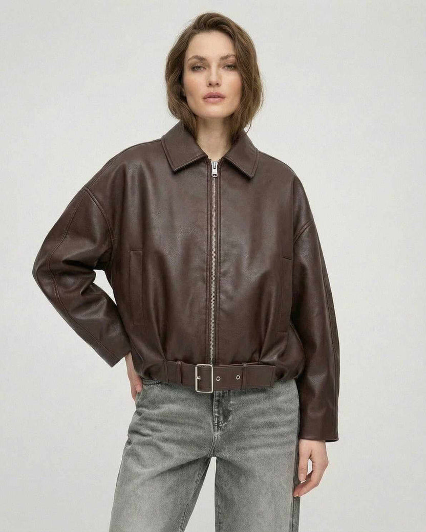Brown Belted Jacket by Lauven - Women’s oversized zip jacket with structured lapel and smooth leather-look texture.