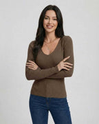 Espresso Pullover by Lauven, women's V-neck sweater in ribbed texture, featuring a slim fit and long sleeves.