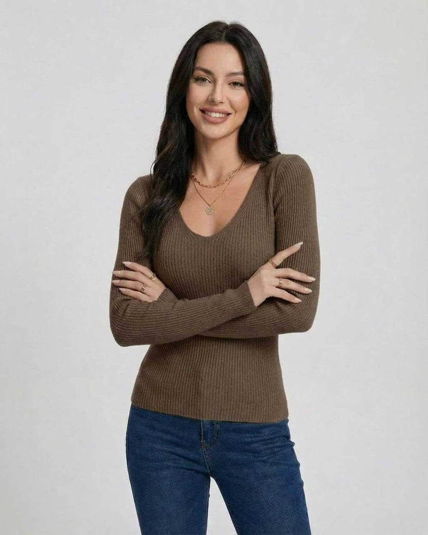 Espresso Pullover by Lauven, women's V-neck sweater in ribbed texture, featuring a slim fit and long sleeves.