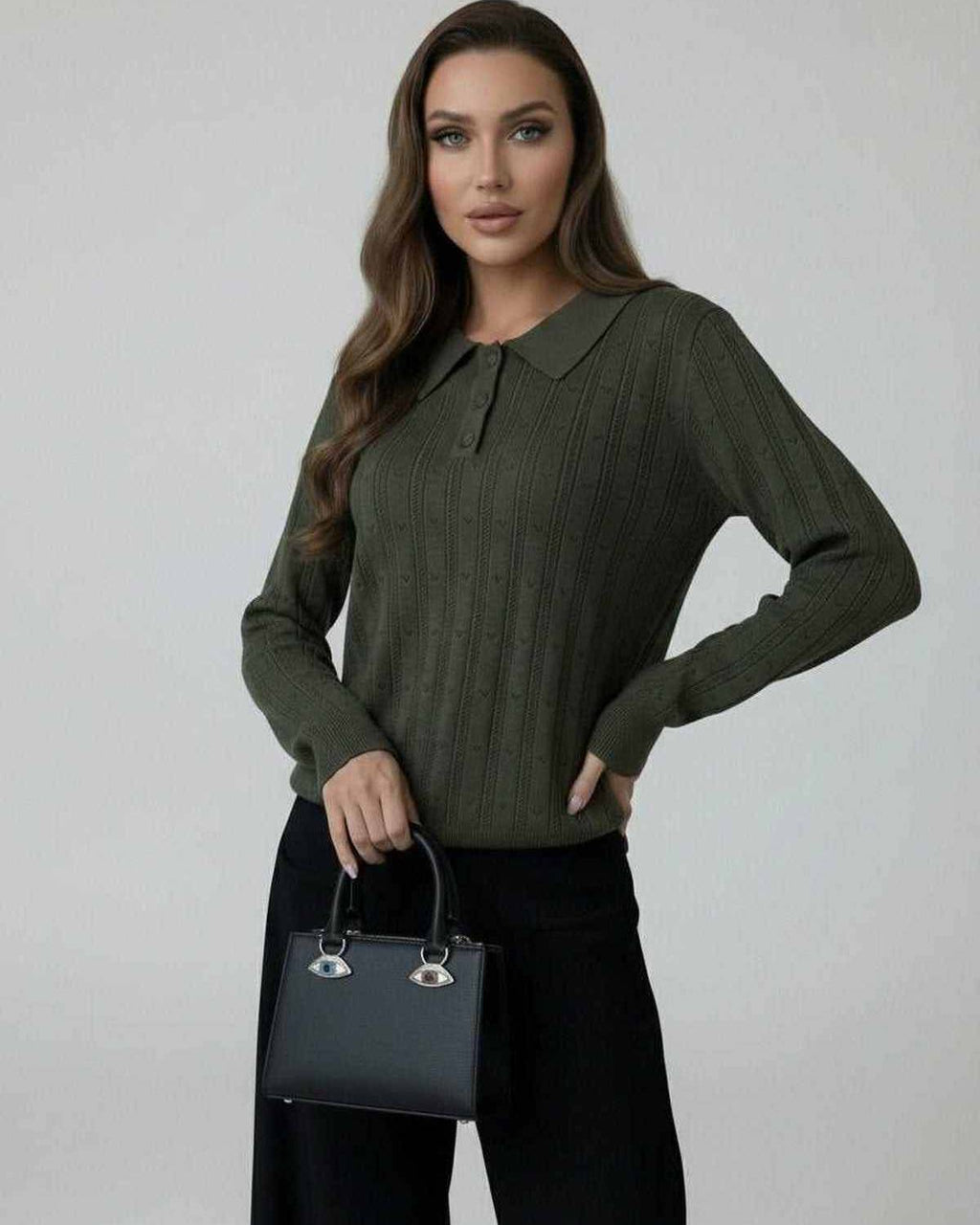 Orion Sweater by Lauven in olive green with elegant collared long sleeves and stylish design.