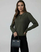 Orion Sweater by Lauven in olive green with elegant collared long sleeves and stylish design.