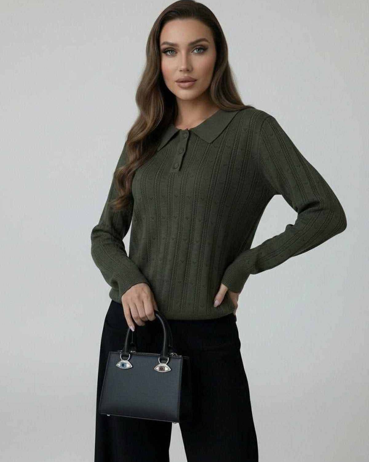 Orion Sweater by Lauven in olive green with elegant collared long sleeves and stylish design.