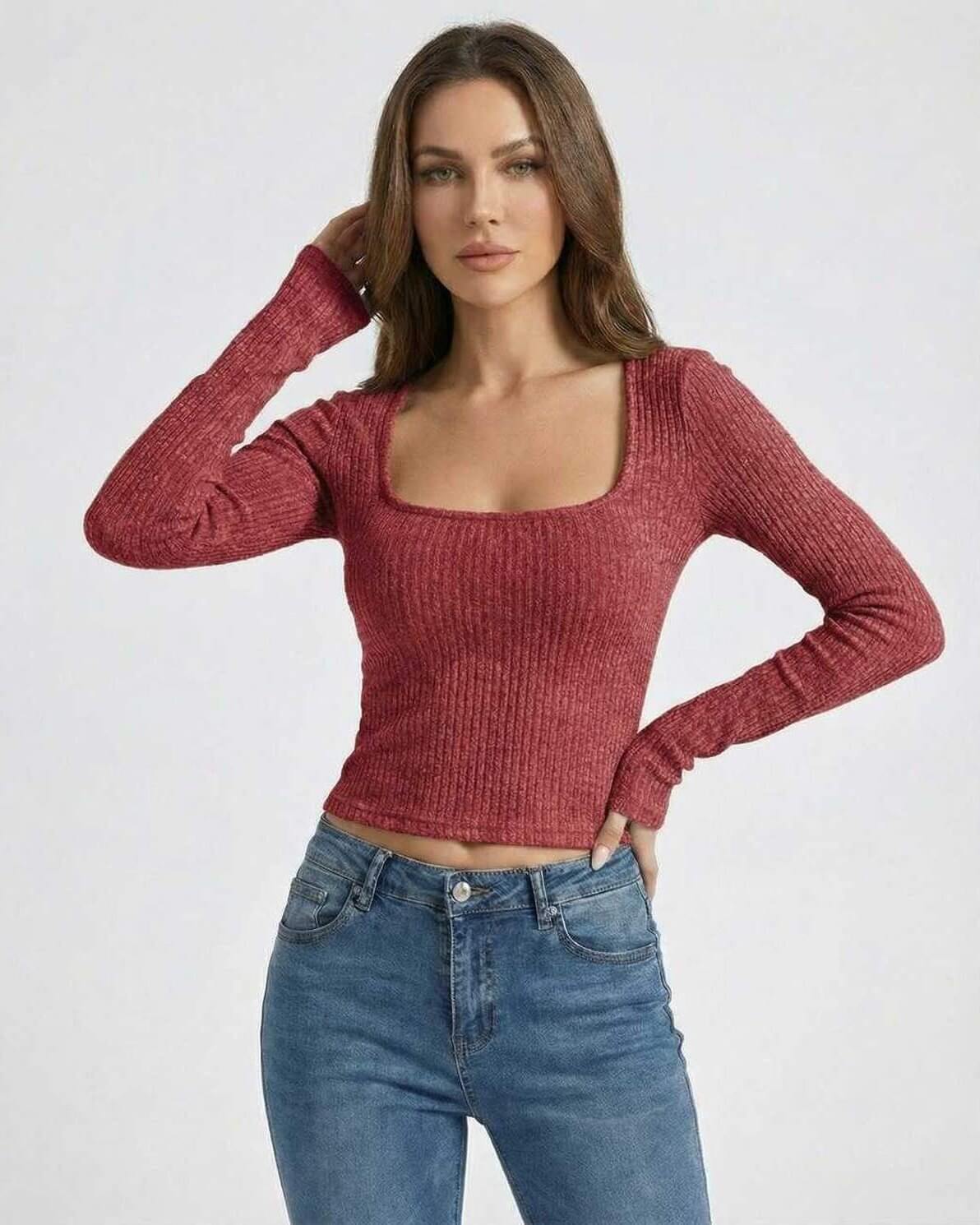 Valencia Pullover by Lauven, Women’s Red Ribbed U-Neck Long Sleeve Sweater for a confident silhouette.