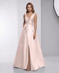 Zafira Maxi Dress - Blush Satin A-Line V-Neck Evening Dress by Lauven, showcasing modern elegance and fluid silhouette.