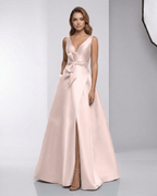 Zafira Maxi Dress - Blush Satin A-Line V-Neck Evening Dress by Lauven, showcasing modern elegance and fluid silhouette.