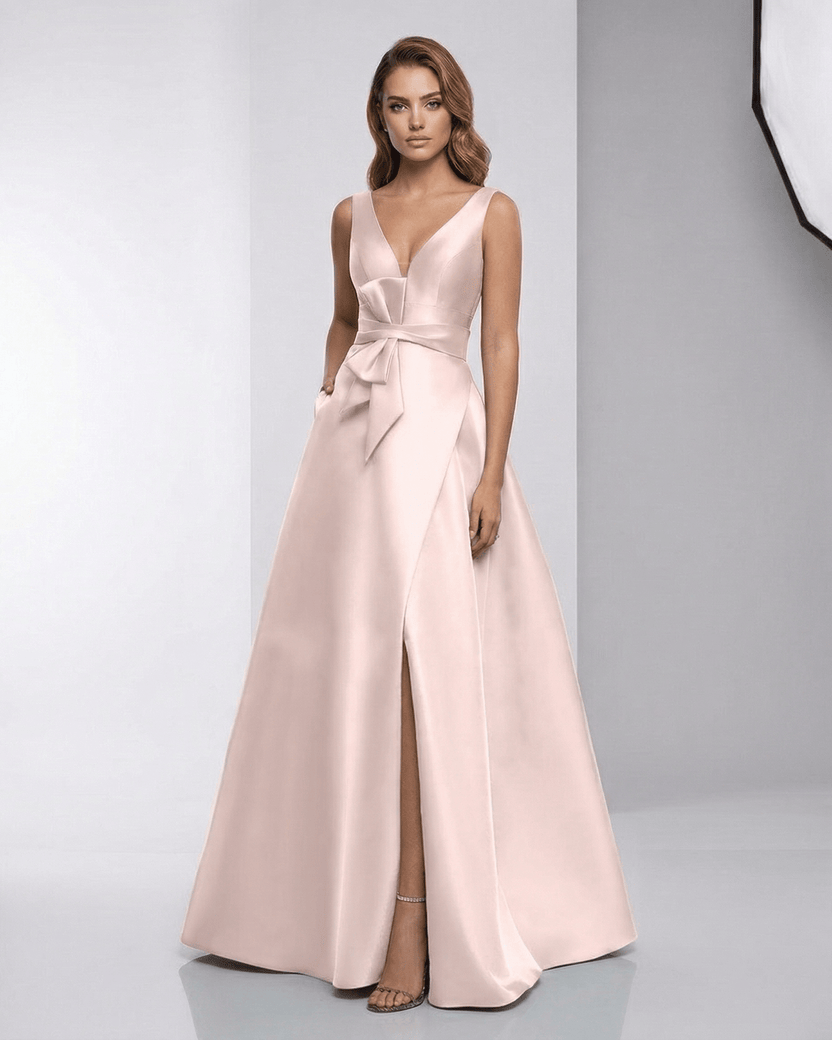 Zafira Maxi Dress - Blush Satin A-Line V-Neck Evening Dress by Lauven, showcasing modern elegance and fluid silhouette.