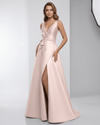 Zafira Maxi Dress - Blush satin A-line with V-neck and bow, elegant floor-length evening dress by Lauven.