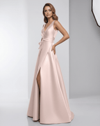 Zafira Maxi Dress - Blush satin A-line, V-neck, elegant evening gown by Lauven with a sophisticated silhouette.