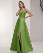 Zafira Maxi Dress – Green Satin A-Line Maxi Dress with Wrap Slit, Bow Waist by Lauven, elegant and stylish.