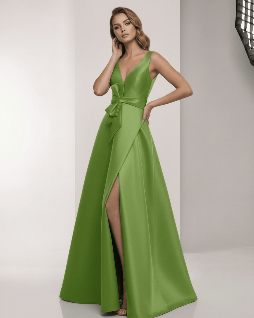 Zafira Maxi Dress – Green Satin A-Line Maxi Dress with Wrap Slit, Bow Waist by Lauven, elegant and stylish.