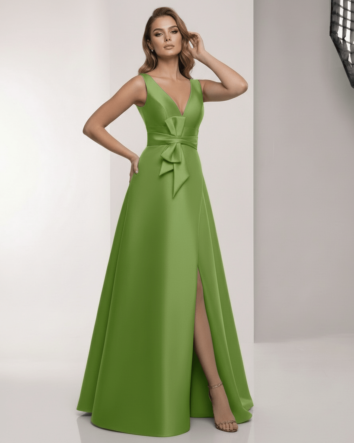 Zafira Maxi Dress - Green Satin A-Line Maxi Dress with Wrap Slit, Bow Waist and elegant style by Lauven.