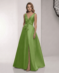Zafira Maxi Dress - Green satin A-line maxi dress with wrap slit and bow waist from Lauven, perfect for elegant occasions.