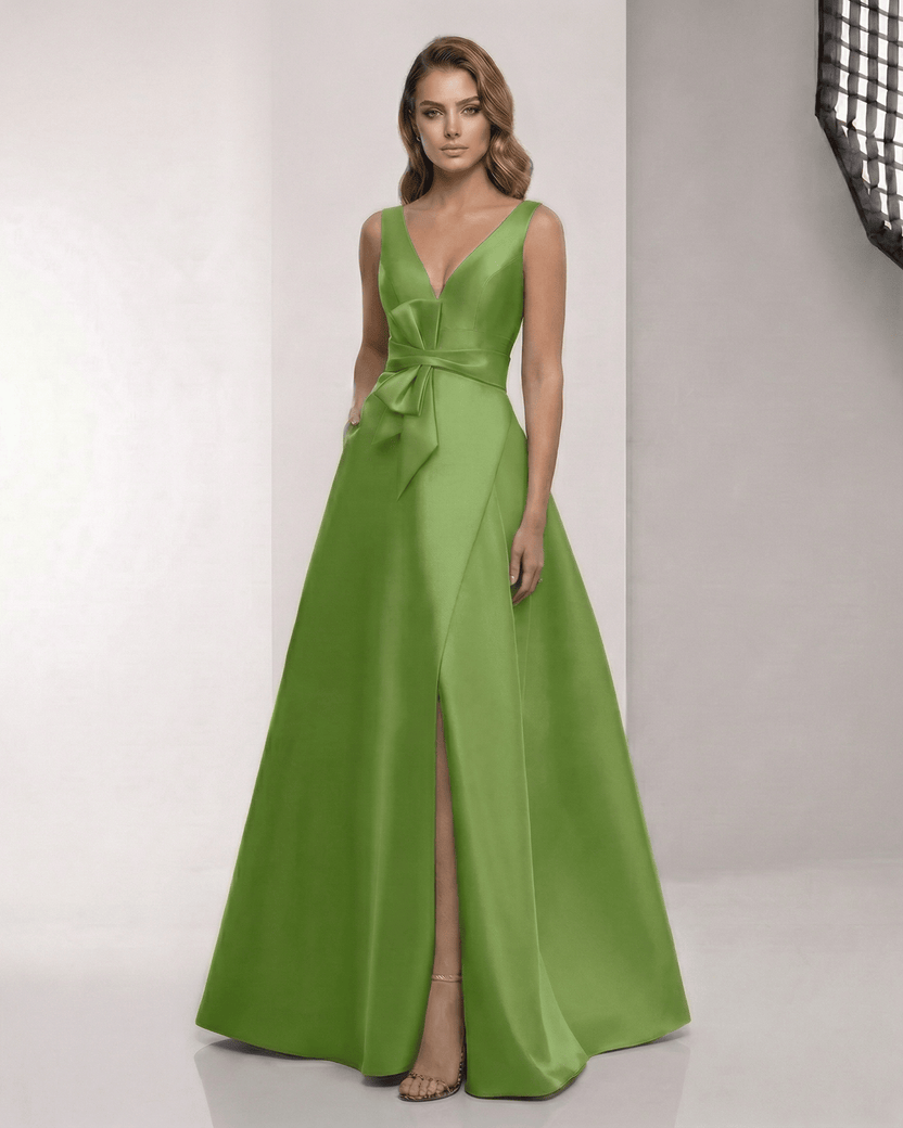 Zafira Maxi Dress - Green satin A-line maxi dress with wrap slit and bow waist from Lauven, perfect for elegant occasions.