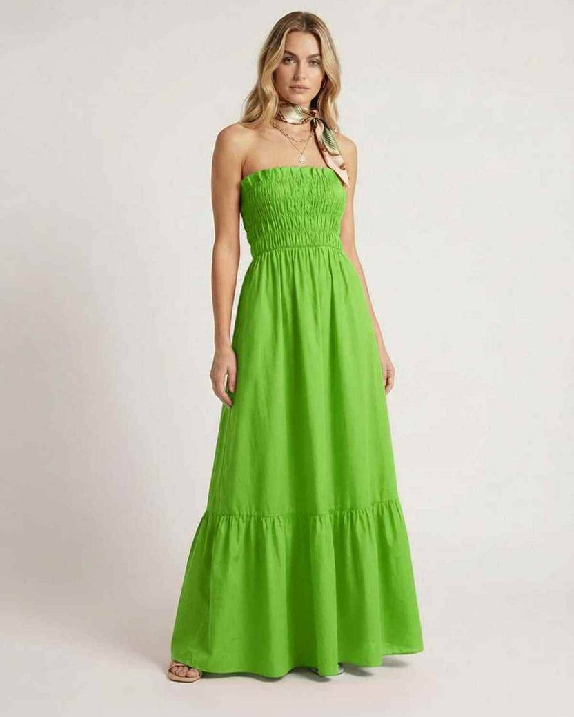 Zafira Maxi Dress – Green strapless dress with smocked bodice by Lauven, ideal for stylish summer outings.