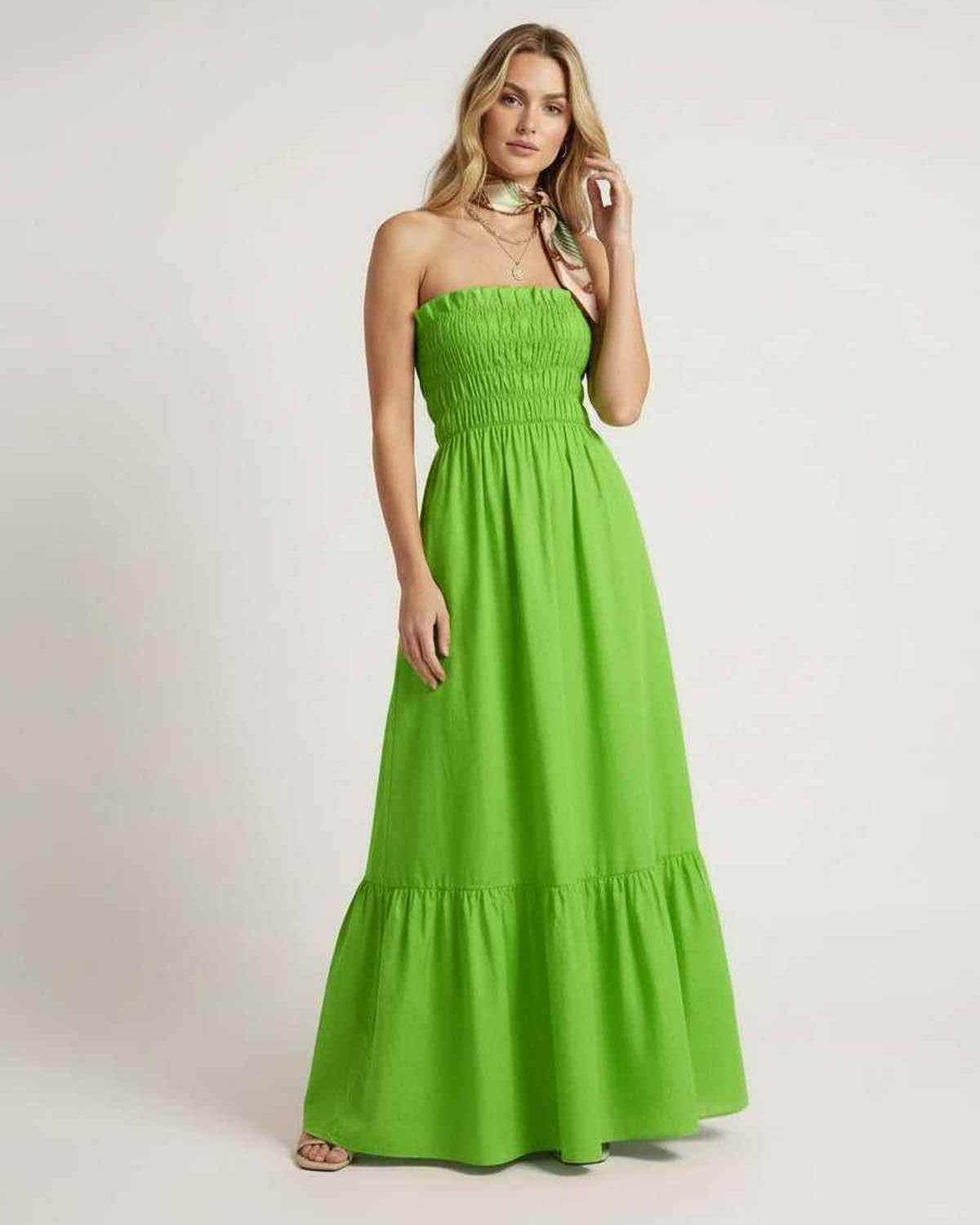 Zafira Maxi Dress - Green strapless, smocked bodice, lightweight fabric, modern aesthetic, by Lauven.
