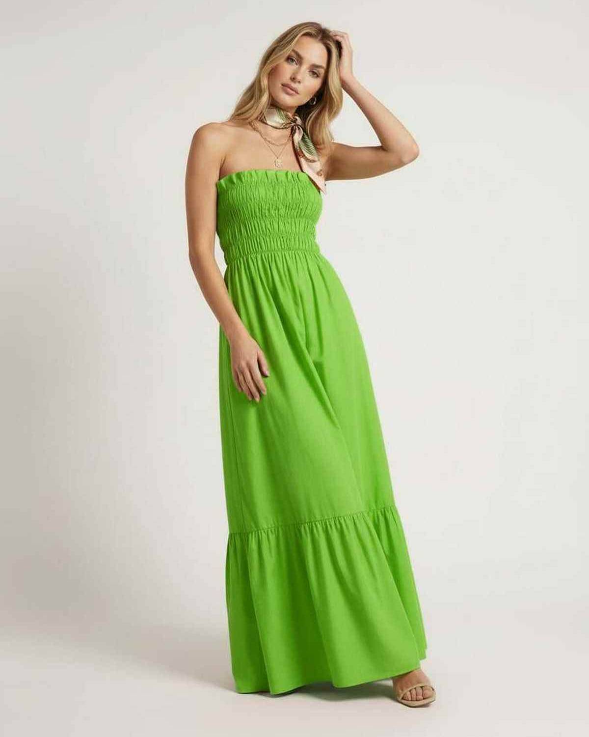 Zafira Maxi Dress - Green strapless dress with a smocked bodice by Lauven, perfect for a bold summer look.
