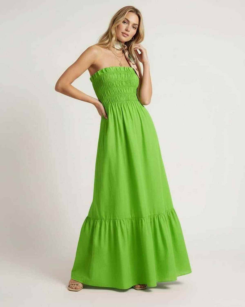 Zafira Maxi Dress – Green strapless dress with smocked bodice, lightweight fabric by Lauven for a flowing silhouette.