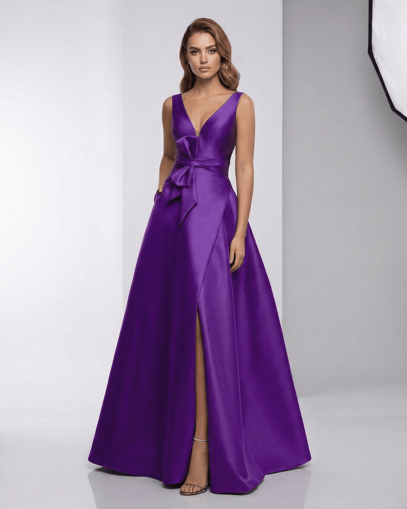Zafira Maxi Dress - Purple Satin A-Line V-Neck Floor-Length Dress by Lauven, featuring a luxurious shine and elegant silhouette.