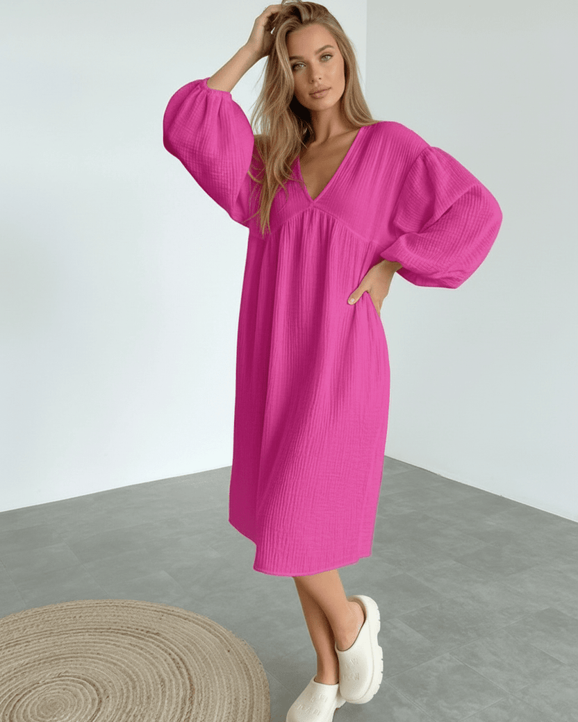Zafira Midi Dress - Pink Cotton Midi Dress with Puff Sleeves by Lauven, blending modern elegance and comfort.