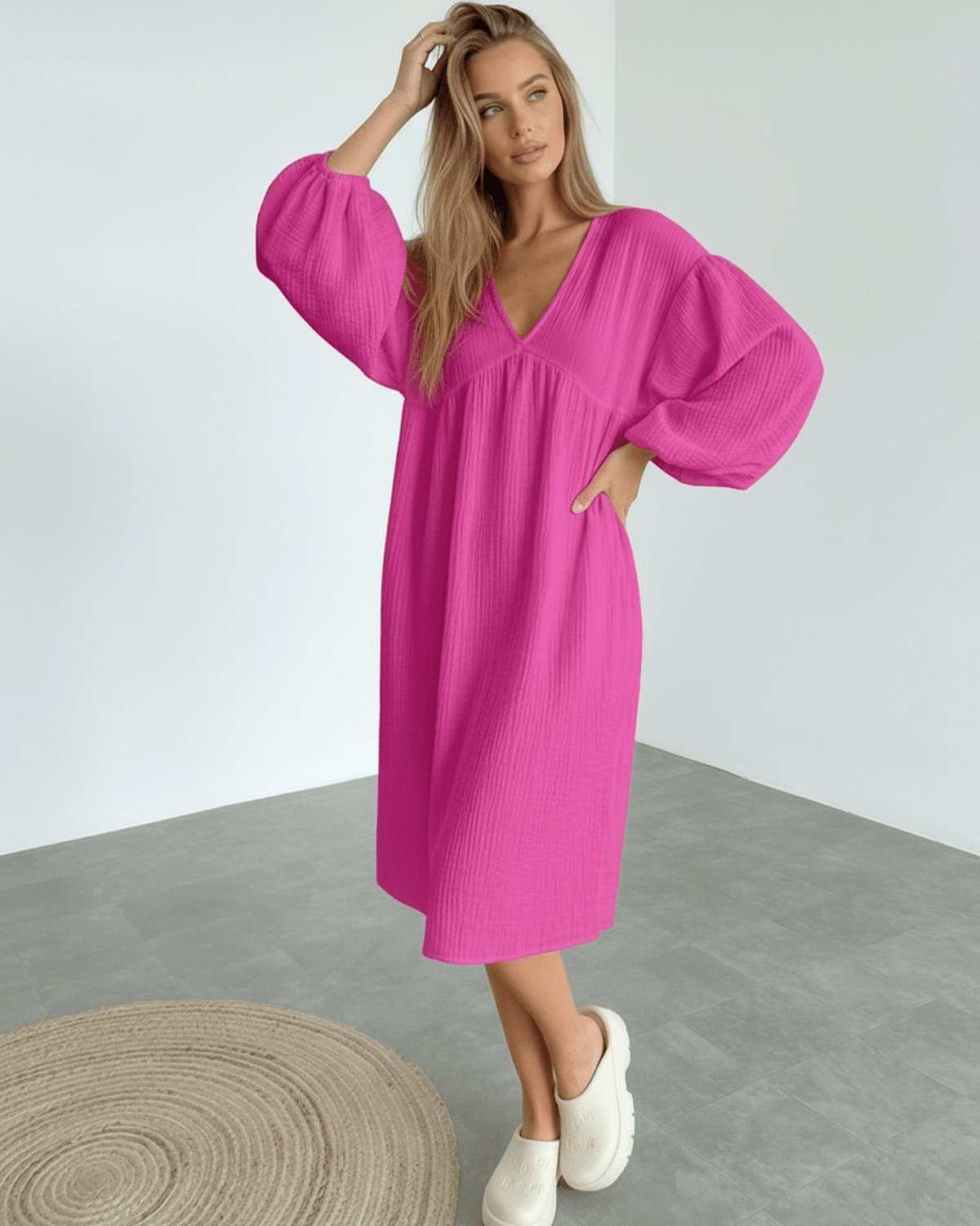 Zafira Midi Dress - Pink Cotton Midi Dress with Puff Sleeves by Lauven, combining modern elegance and comfort.