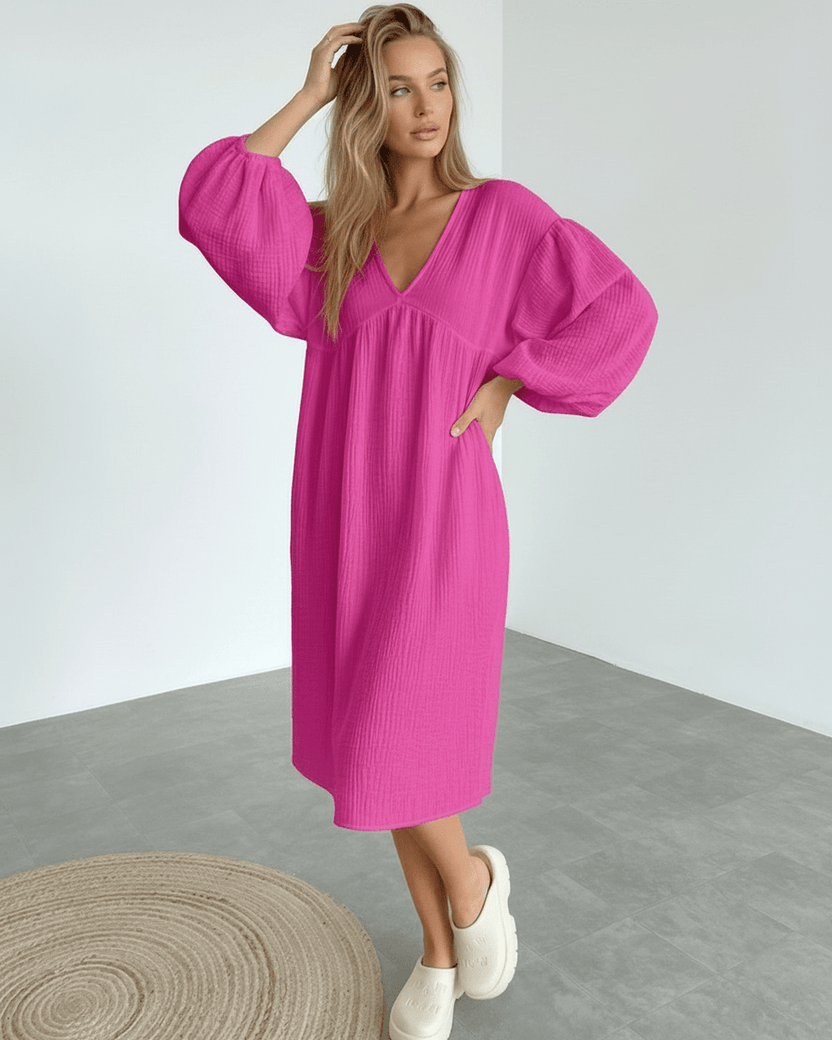 Zafira Midi Dress – Pink cotton dress with puff sleeves, modern elegance from Lauven, perfect for confident styling.