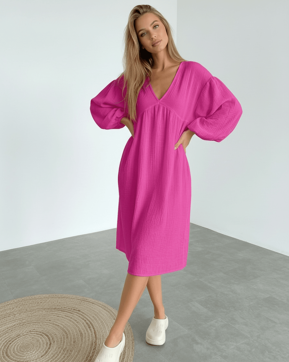 Zafira Midi Dress, pink cotton, puff sleeves, modern elegance by Lauven.