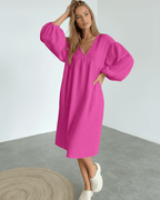 Zafira Midi Dress, pink cotton dress with puff sleeves, soft texture, modern style by Lauven.