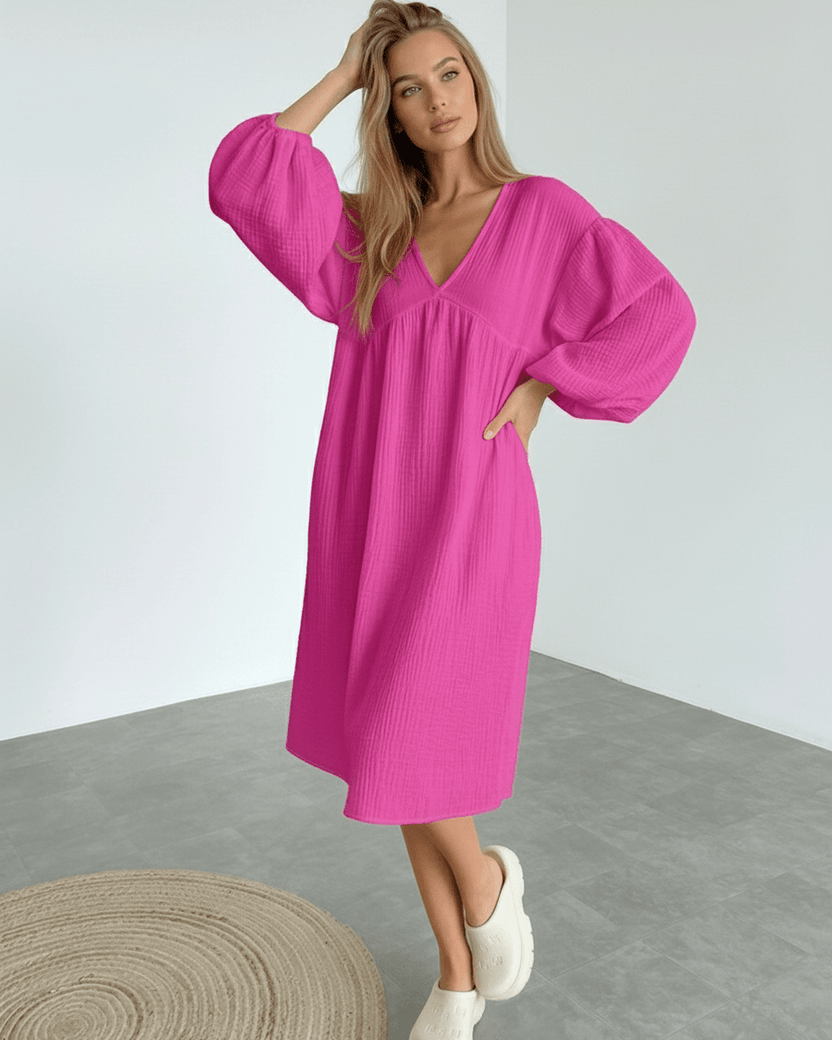 Zafira Midi Dress, pink cotton dress with puff sleeves, soft texture, modern style by Lauven.