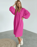 Zafira Midi Dress - Pink Cotton Midi Dress with Puff Sleeves from Lauven. Confident and stylish everyday elegance.