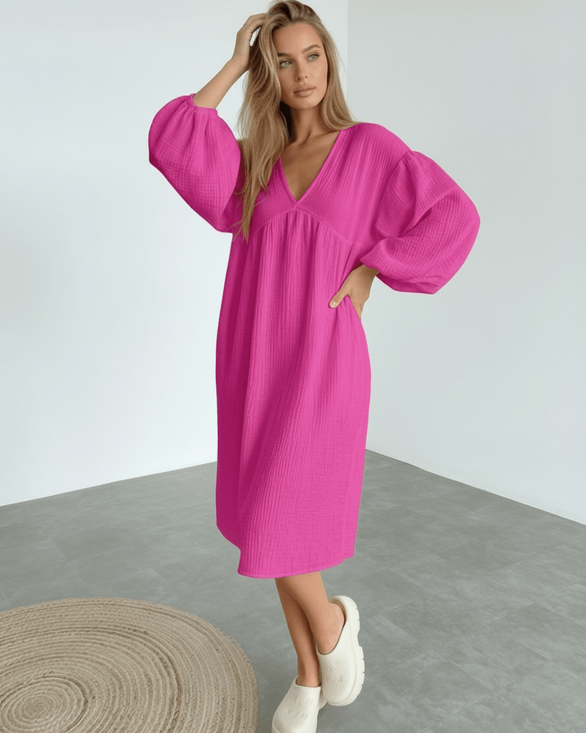 Zafira Midi Dress - Pink Cotton Midi Dress with Puff Sleeves from Lauven. Confident and stylish everyday elegance.