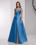 Zafloria Maxi Dress - Blue satin A-line V-neck evening dress by Lauven, showcasing elegance and sophistication.