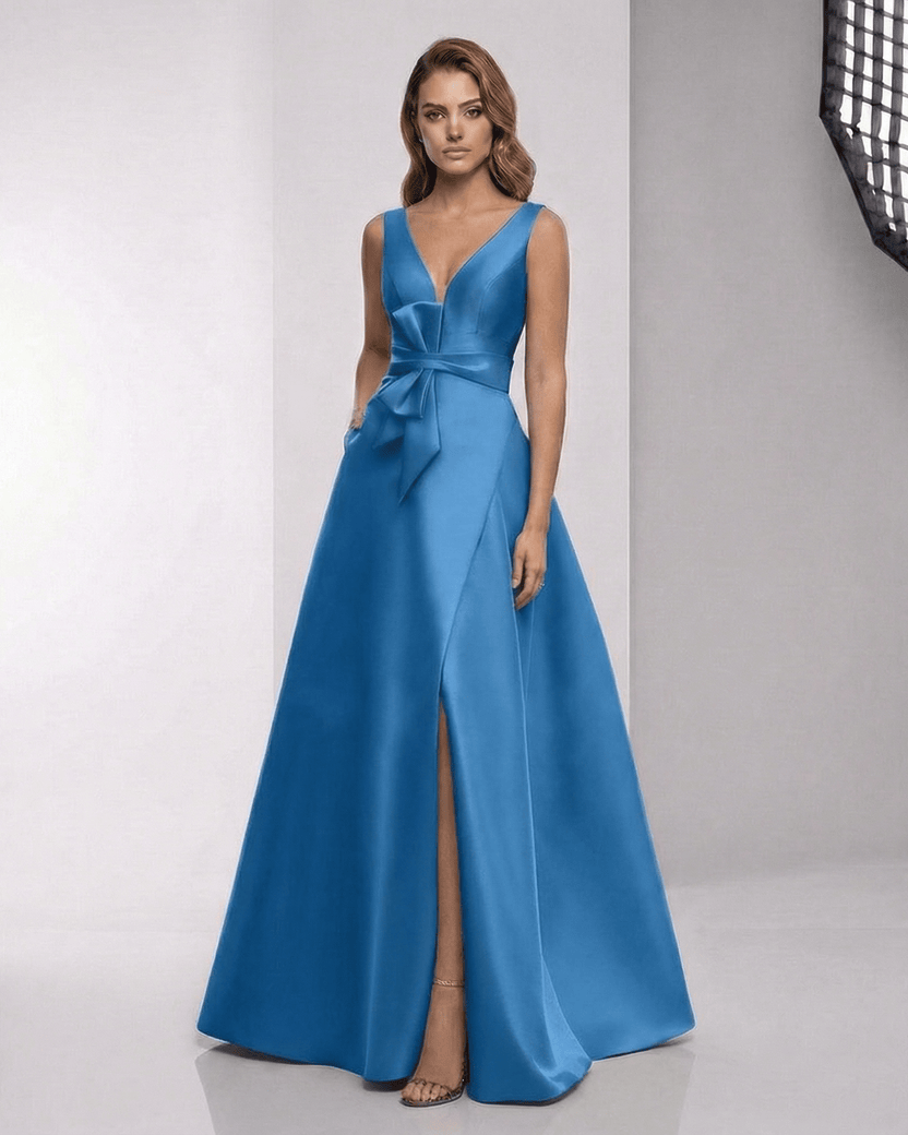Zafloria Maxi Dress - Blue satin A-line V-neck evening dress by Lauven, showcasing elegance and sophistication.