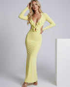 Zahara Maxi Dress - Yellow bodycon dress with ruffle V-neck, open back, soft stretch, and a fluid drape by Lauven.