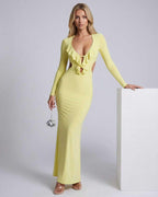 Zahara Maxi Dress in yellow with ruffle V-neck, open back, and bodycon fit by Lauven, showcasing elegance and style.