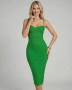 Zaria Midi Dress by Lauven - Sleek green bodycon dress with fitted silhouette and V-neckline.