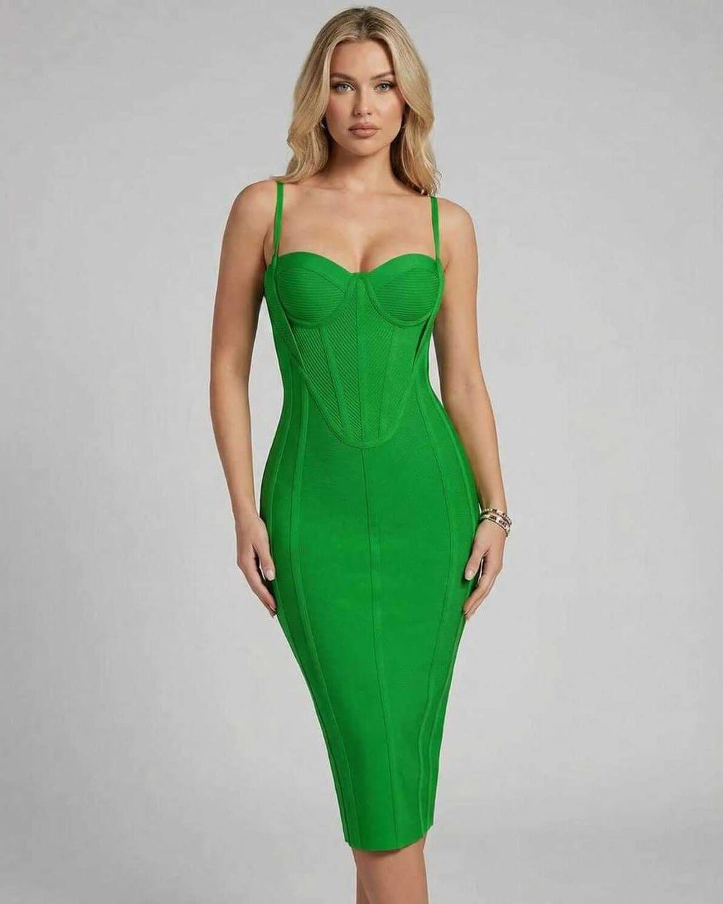 Zaria Midi Dress by Lauven, sleek green bodycon dress with V-neckline and fitted silhouette.