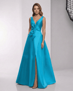 Zephyra Maxi Dress - Teal Satin A-Line Maxi Dress with Wrap Slit and Bow Waist by Lauven, perfect for formal occasions.