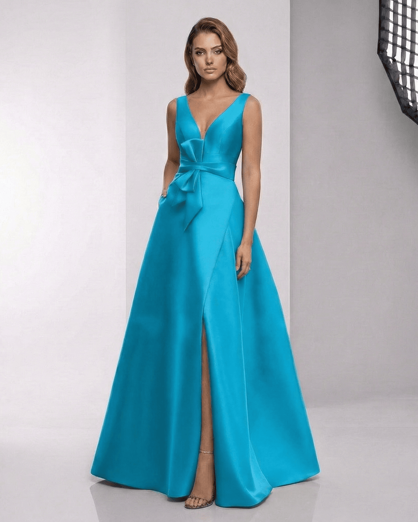Zephyra Maxi Dress - Teal Satin A-Line Maxi Dress with Wrap Slit and Bow Waist by Lauven, perfect for formal occasions.